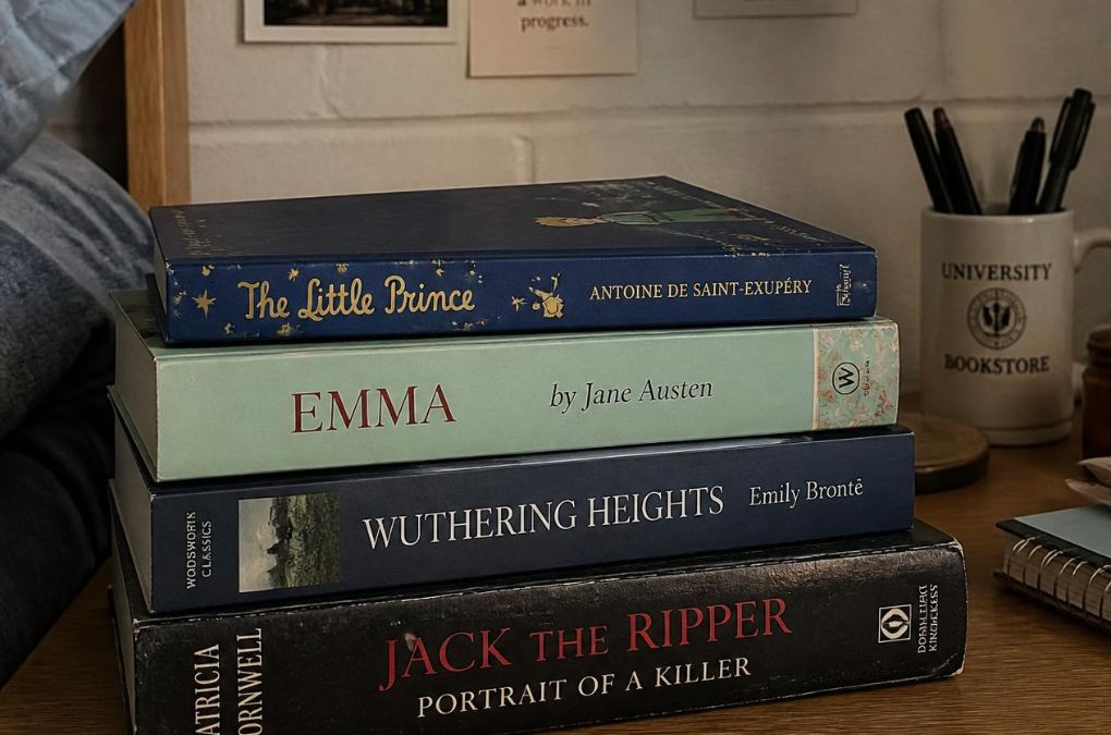A stack of Carolina's favourite books: The Little Prince, Emma by Jane Austen, Wuthering Heights, and Portrait of a Killer