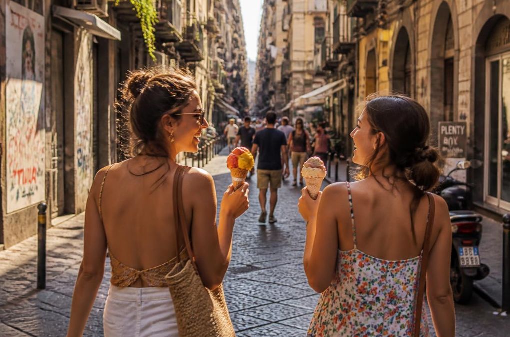 Two friends walking through a sunny Naples street with gelato, laughing together