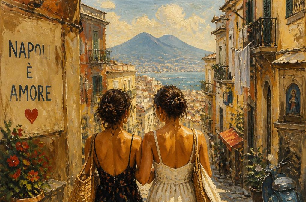 Two friends walking arm in arm down a Naples street with Mount Vesuvius ahead and "Napoli è amore" painted on a wall