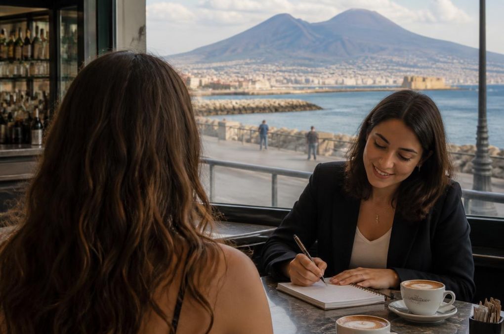 Two women at a café table in Naples with cappuccinos, one taking notes, Mount Vesuvius in the background