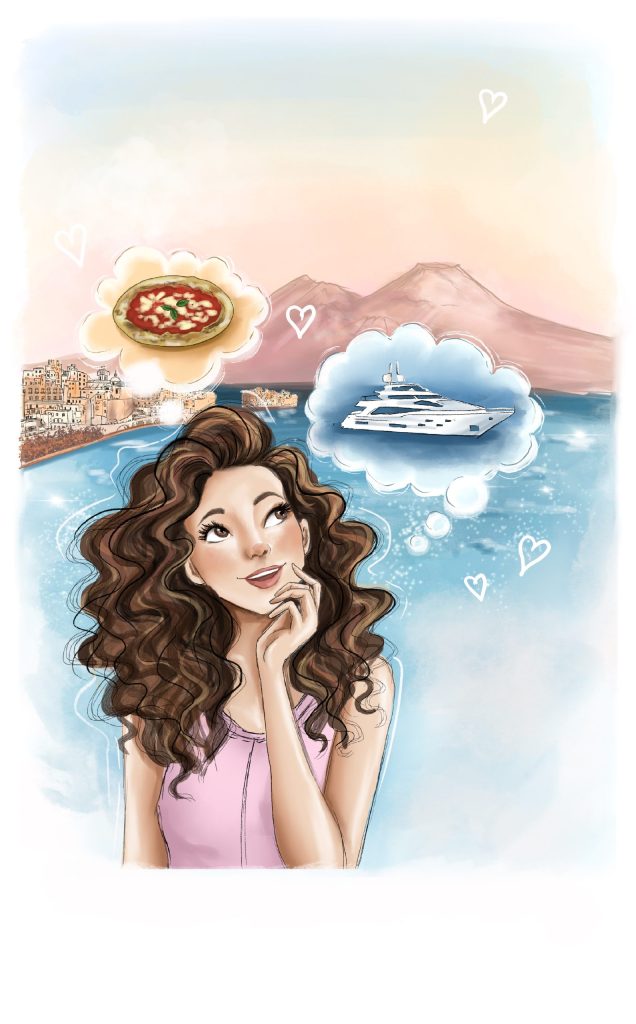 Coloured illustration of Carolina for the Loveandpizza.it cover, before typography was added