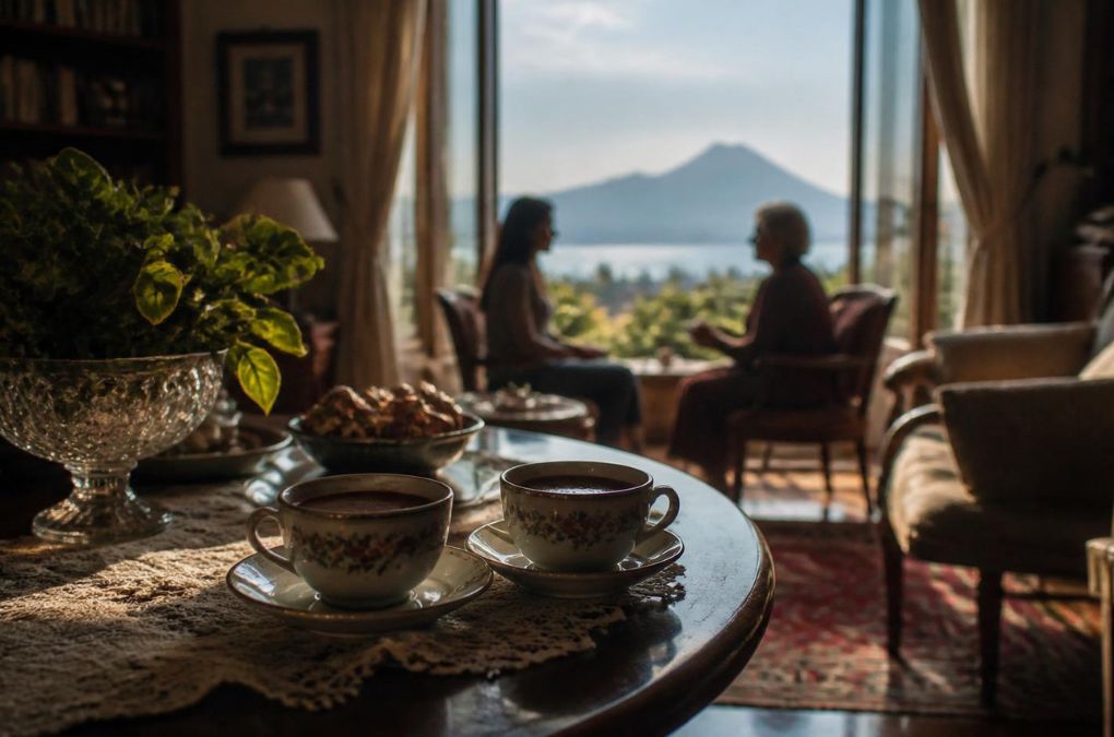 Two women share hot chocolate with a view of Vesuvio, representing warmth and friendship in Loveandpizza.it