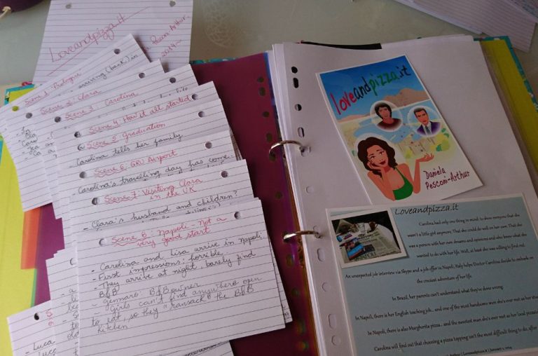 Handwritten scene planning cards beside an early illustrated cover concept for Loveandpizza.it
