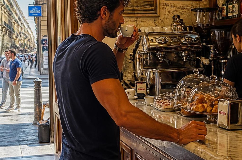 A man drinking an espresso standing at a traditional Neapolitan coffee bar, watching the street