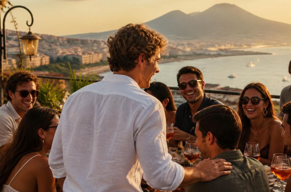A man hosting a lively sunset dinner party on a terrace overlooking the Bay of Naples