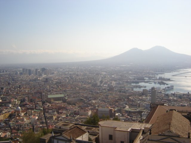 The view over Naples from Castel Sant'Elmo, with Spaccanapoli cutting through the old city and Mount Vesuvius in the distance